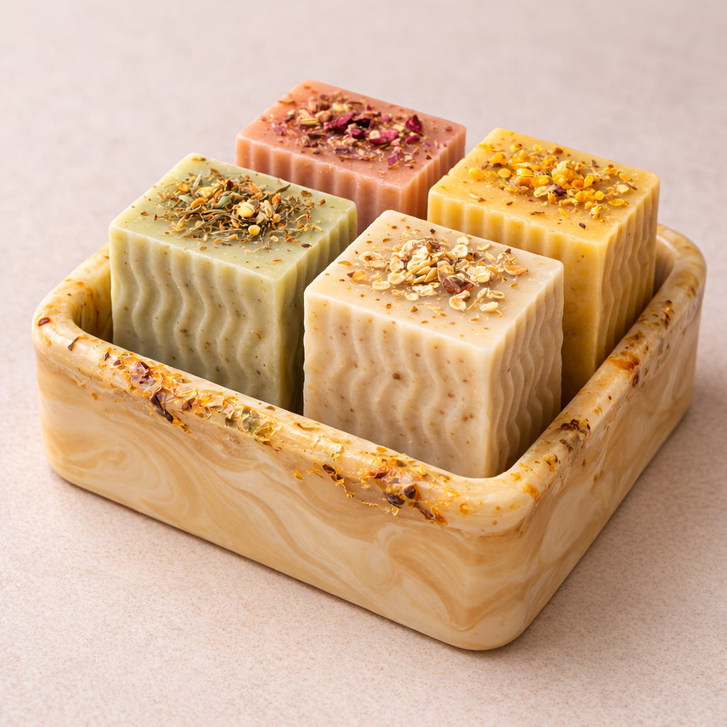 Handmade soap bars in a marble tray